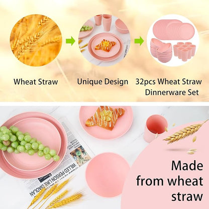 32Pcs Pink Plates and Bowls Sets