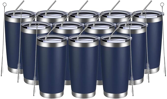 MEWAY 20oz Tumbler 12 Pack Double Wall Vacuum Insulated Travel Mug Bulk, Stainless Steel Tumblers with Lid and Straw, Durable Powder Coated Coffee Cups for Cold & Hot Drinks (Navy, 12)