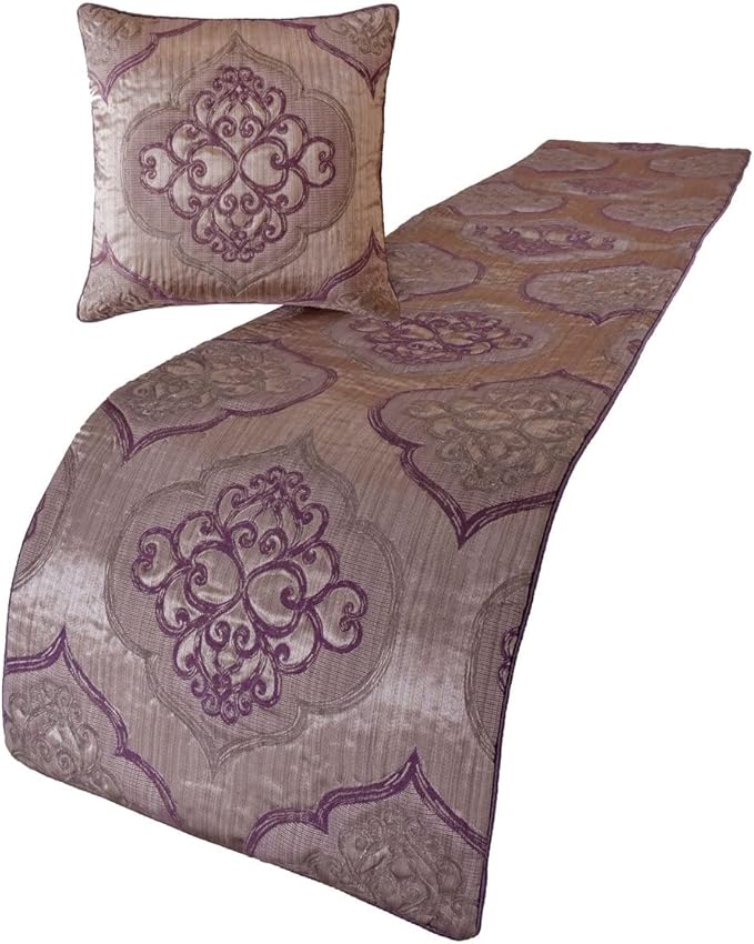 The HomeCentric King/Queen/Twin Purple Decorative Full 68"x18" Bed Runner with Pillow Cover, Damask & Quilted Bed Scarf on Jacquard Fabric - Embre Purple
