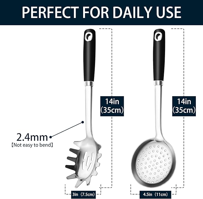 18/0 Stainless Steel Spaghetti Spoon & Slotted Spoon for Cooking, Heavy Duty Frying Spoon Pasta Strainer Skimmer, Cooking Utensils Commercial and Residential Use, Pack of 2