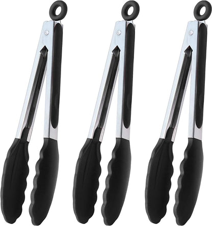 Serving Tongs 9-Inch Cooking Tongs with Silicone Tips, Set of 3 (Black)