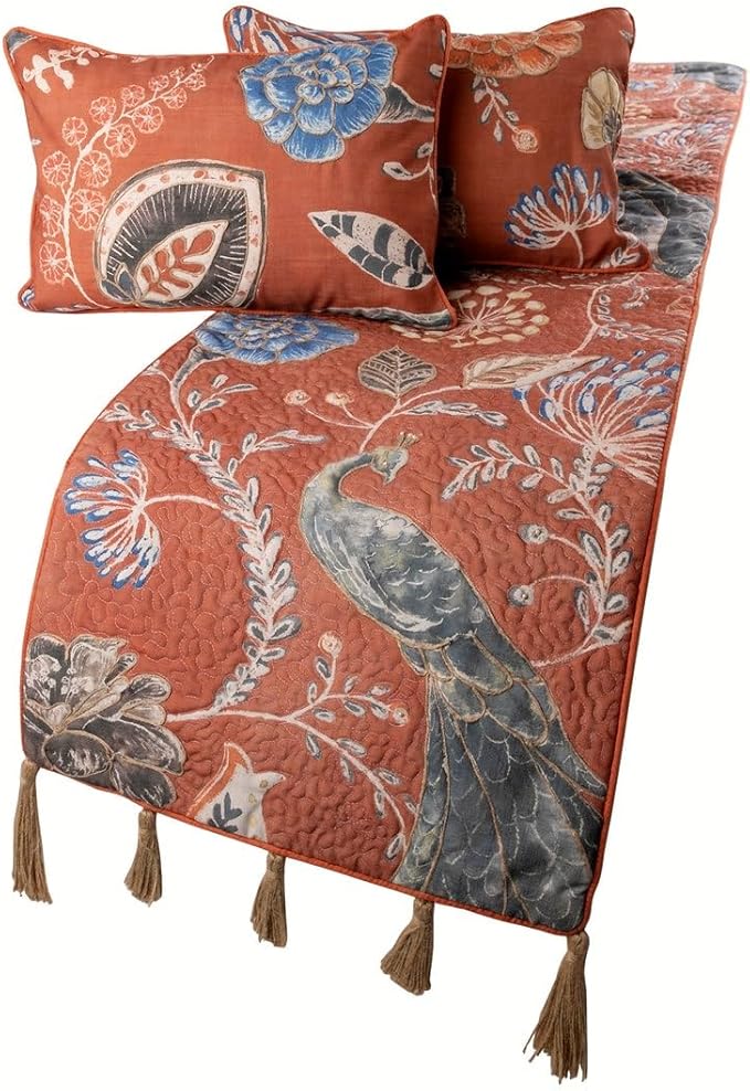 The HomeCentric Orange Bed Runner Without Pillow Cover, King Size 90"x18" Decorative Bed Runner, Rust or Orange Linen Bed Scarf in Quilted Peacock, Linen & Jute Embroidery - Peacock Soiree