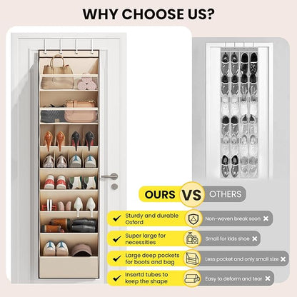 Over the Door Shoe Organizer for Closet, Shoes Rack with 8 Tier Large Deep Pockets, Hanging Shoe Organizers for Boot Storage, Behind the Door Narrow Shoe Holder for Small Shoes, Beige