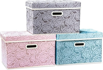 PRANDOM Larger Collapsible Storage Cubes with Lids Fabric Decorative Storage Bins Boxes Organizer Containers Baskets with Cover Handles for Bedroom Closet Living Room 17.7x11.8x11.8 Inch 3 Pack