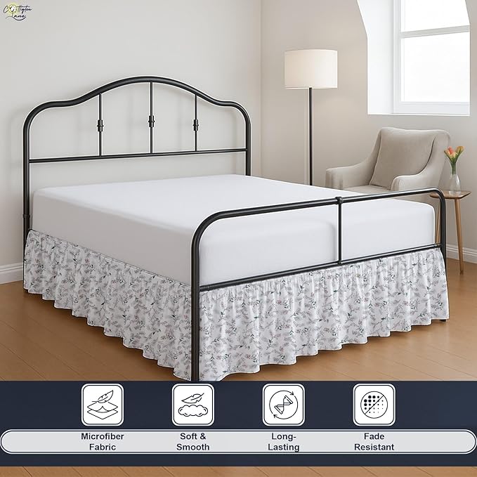 Cottington Lane Ruffled Bed Skirt King Size with Split Corner, Brushed Microfiber Hotel Quality Dust Ruffle, 18 Inch Drop Gathered Bedskirt, Soft, Stylish, Shrink & Fade Resistant, Coco Rose Leaf