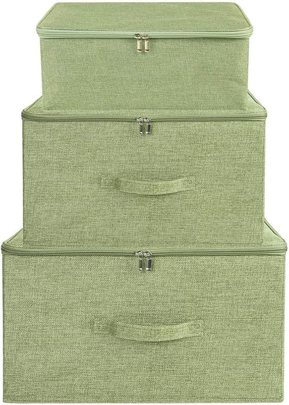 ANMINY 2PCS Storage Bins with Zipper Lids 51.9 Qt Lidded Fabric Storage Boxes Baskets Cubes with Handles Collapsible Washable Cotton Linen Closet Shelf Clothes Organizer - Green, Extra Large