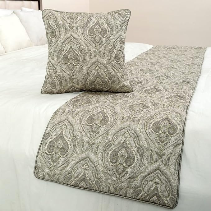 The HomeCentric King/Queen/Twin Grey Designer Full 68"x18" Bed Runner Without Pillow Cover, Quilted, Damask& Gold Zari Embroidery Bed Scarf on Silk Fabric - Winifred