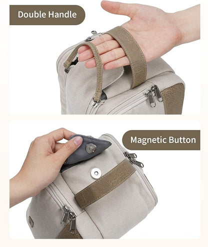 WANDF Toiletry Bag for Men Travel Toiletry Organizer Canvas and Leather Dopp Kit Water-Resistant Shaving Bag for Travel Accessories (Cream Beige, Large)