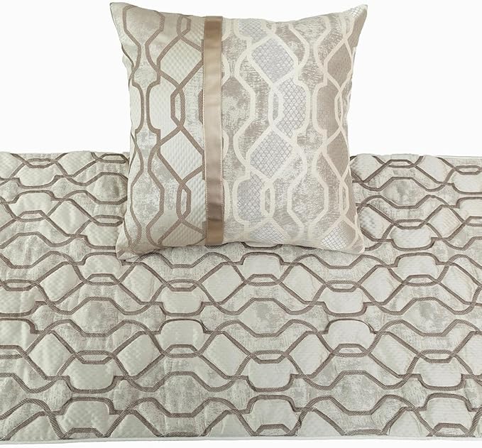 The HomeCentric King/Queen/Twin Ivory & Silver Decorative Full 68"x18" Bed Runner with Pillow Cover, Lattice & Quilted Bed Scarf on Jacquard Silk Fabric - Ivory Delicacy
