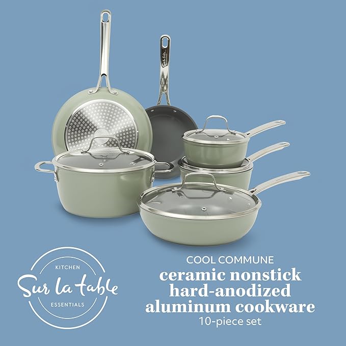 Sur La Table Kitchen Essentials Cool Commune Hard Anodized 10 Piece PFA Free Ceramic Non stick Interior Forged Durable Aluminum Pots and Pans Cookware Set - Green - Induction Compatible
