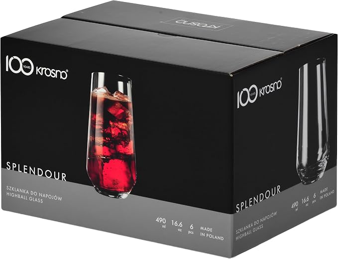 Krosno Tall Water, Drinking Glasses, 16.2 oz, Splendour Collection, Highball &