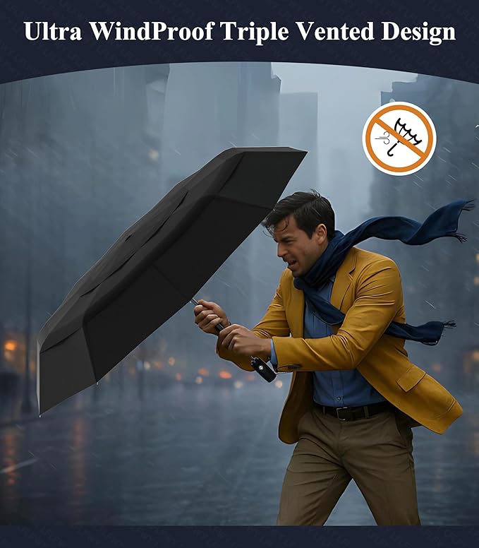 Windproof Travel Umbrella Compact, Automatic Open Close Umbrellas for Rain,Fiberglass Frame, Vented Triple Layer