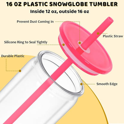 16 Oz Plastic Snowglobe Tumbler, 8 Pack Pre-Drilled Double Wall Plastic Clear