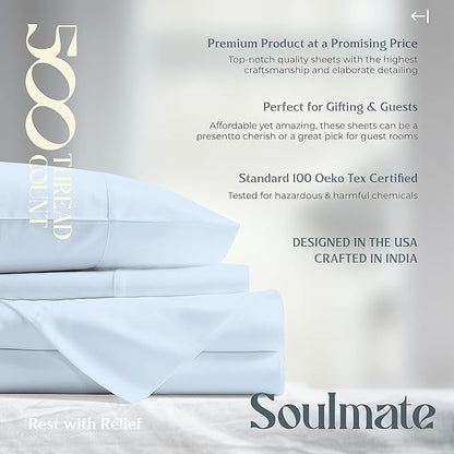 Mayfair Linen 100% Cotton Bed Sheets Twin Sheet Set - 500 Thread Count Sheets Twin Size 3 PC Set (Light Blue), Soft, Cooling, Hotel-Quality 16" Deep Pocket Sateen Weave Cotton Bedsheet for Dorm Room