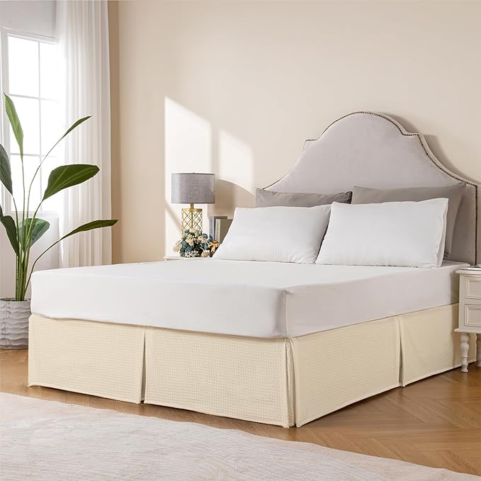 MIYE Pleated Waffle Weave Bed Skirt, Tailored Dust Ruffle 14 Inch Drop Easy Fit, Machine Washable,No Split Corners(Light Beige, Full - 14" Drop)