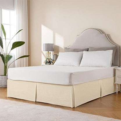 MIYE Pleated Waffle Weave Bed Skirt, Tailored Dust Ruffle 12 Inch Drop Easy Fit, Machine Washable,No Split Corners(Light Beige, Cal King - 12" Drop)