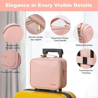 Mocado Travel Makeup Bag with LED Lighted Mirror, Travel Makeup Organizer, Makeup Case with 3 Color Lighted Setting and 10x Magnifying Mirror, Portable Storage and Adjustable Dividers Makeup Box(Pink)