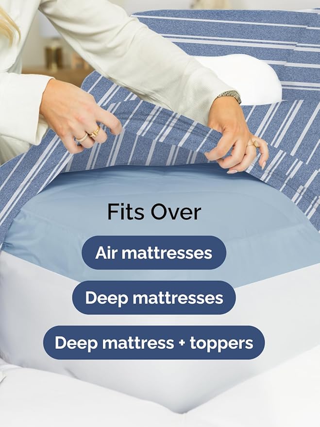 Extra Deep Full Fitted Sheet - Hotel Luxury Single Fitted Sheet Only - Easily Fits 18 inch to 24 inch Mattress - Ultra Soft, Wrinkle Free with Extra Deep Pockets - Breathable & Comfy - Blue Stripes