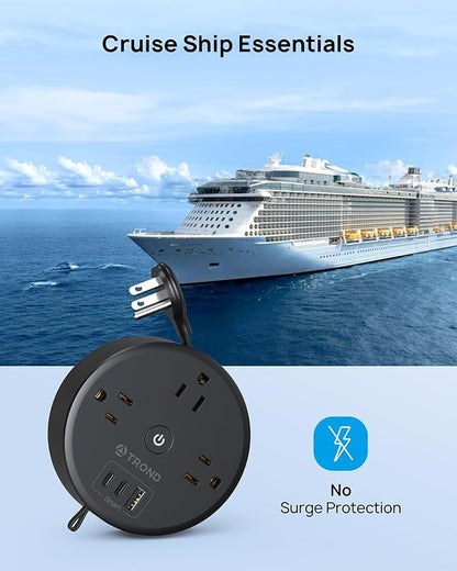 TROND Retractable Extension Cord Power Strip - Travel Power Strip with 3 AC Outlets 3 USB Ports (2 USB C), Ultra Thin Flat Plug 5ft, Cruise Ship Essentials, for Home Hotel Dorm Room, Black