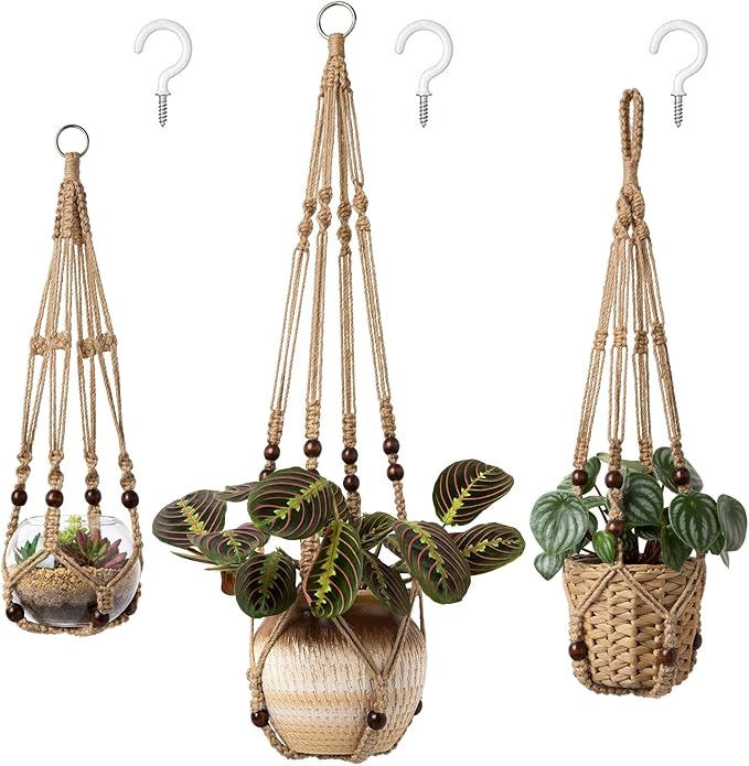 Mkono 3 Pack Macrame Plant Hangers Indoor Different Size Hanging Planter Basket