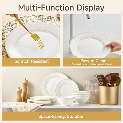 24Pcs Gold Trim White Bone China Set, Service