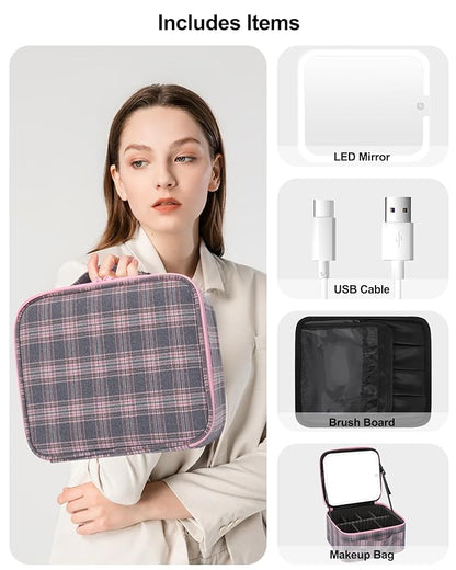 Makeup Bag With LED Mirror, Travel Makeup Case with Light up Mirror Large Cosmetic Case with 3 Color Lighted Portable Organizer Bag with Adjustable Dividers(Pink/Grey Stripes-Canvas, Small)