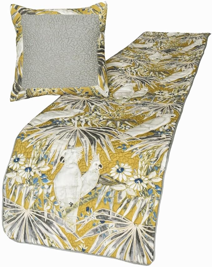 The HomeCentric King/Queen/Twin Grey & Yellow Decorative CA King 86"x18" Bed Runner with Pillow Cover, Cockatoo Bird & Quilted Bed Scarf on Cotton Fabric - Cockatoo Love