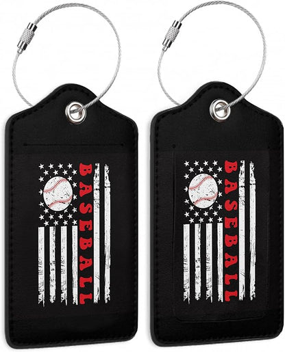 2 Pack Leather Luggage Tag for Suitcase Vintage Baseball American Flag Unique Travel Tags with Privacy Cover ID Label & Stainless Steel Loop for Men and Women Baggage