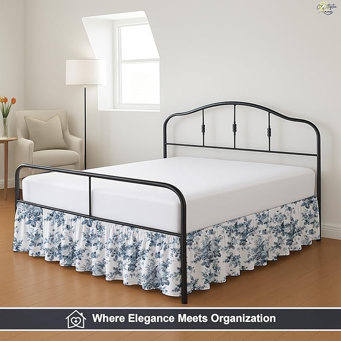 Cottington Lane Ruffled Bed Skirt King Size with Split Corner, Brushed Microfiber Hotel Quality Dust Ruffle, 15 Inch Drop Gathered Bedskirt, Soft, Stylish, Shrink & Fade Resistant, Blue Floral Bliss