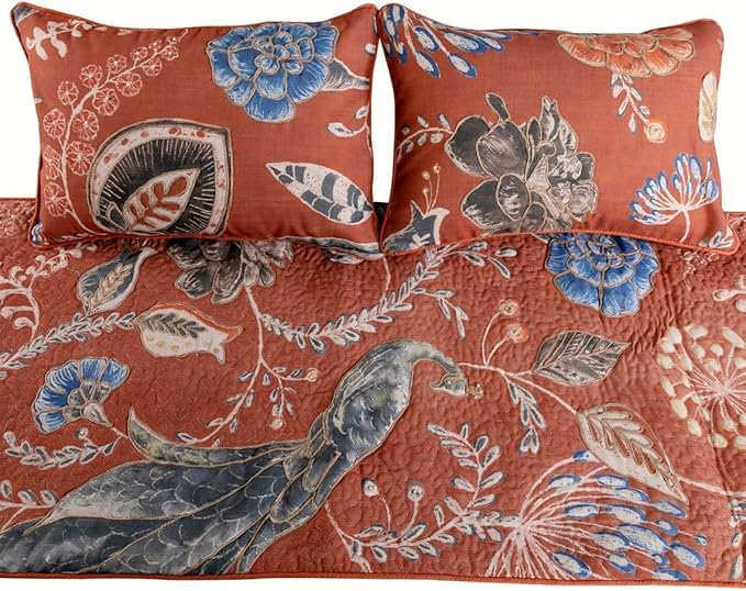 The HomeCentric Orange Bed Runner, Queen Size 74"x18" Decorative Bed Runner with 2 Matching Pillow Cover, Rust or Orange Linen Bed Scarf in Quilted Peacock, Linen & Jute Embroidery - Peacock Soiree