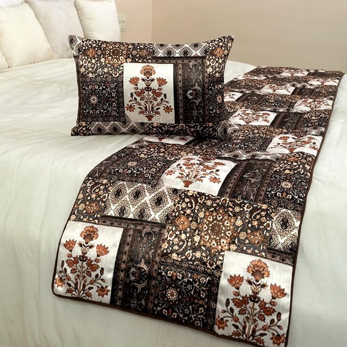 The HomeCentric King/Queen/Twin Brown Decorative King 90"x18" Bed Runner with 2 Pillow Cover Quilted Bed Scarf on Satin Fabric - Parisa