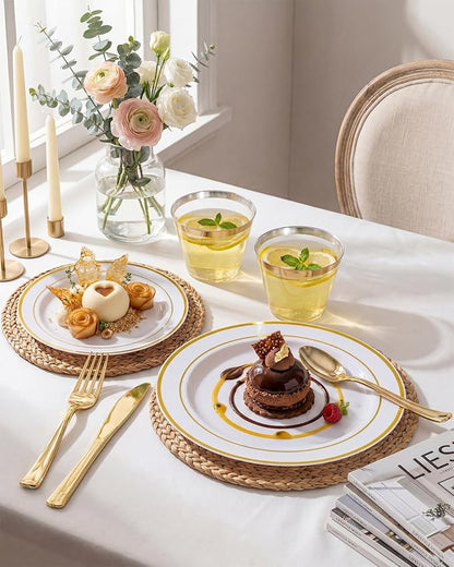 bUCLA 300PCS Gold Disposable Dinnerware Set