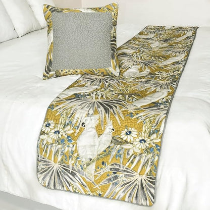 The HomeCentric King/Queen/Twin Grey & Yellow Decorative CA King 86"x18" Bed Runner Without Pillow Cover, Cockatoo Bird & Quilted Bed Scarf on Cotton Fabric - Cockatoo Love