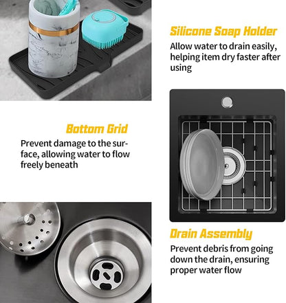 Small Black Kitchen Sink,13x15 Inch Stainless Steel Drop In Topmount Kitchen And Bar Sink Ideal Choice For Small Space, Prep Area, RV With Bottom Grid,Soap Mat And Drain Assembly
