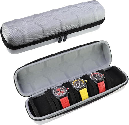Juntan 5 Slots Hard Watch Travel Case, Portable Nylon Travel Watch Roll Case, Zipper Storage Organizer Box for Men Women with Soft Compressible Foam Pillow Silver