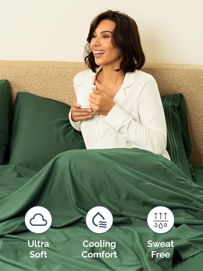 Extra Deep Cal King Fitted Sheet - Hotel Luxury Single Fitted Sheet Only - Easily Fits 18 inch to 24 inch Mattress - Ultra Soft, Wrinkle Free w/Extra Deep Pockets - Breathable & Comfy - Emerald Green
