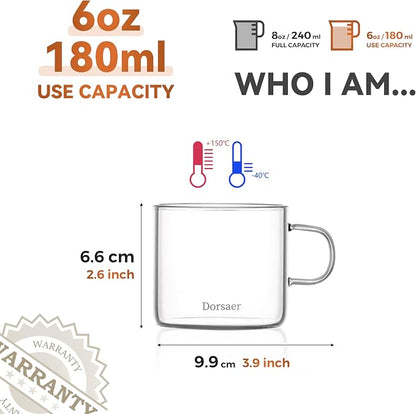 Glass Cups -6oz Small Crystal Clear Glass Coffee Cup