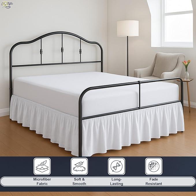 Cottington Lane Ruffled Bed Skirt Queen Size with Split Corner, Brushed Microfiber Hotel Quality White Dust Ruffle, 24 Inch Drop Gathered Bedskirt, Soft and Stylish, Shrinkage and Fade Resistant