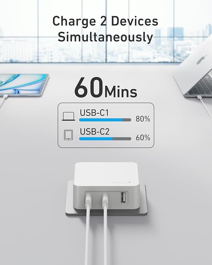 Nekmit 100W Flat USB C Charger Block, 3-Port GaN Fast Wall Charger, USB C Wall Plug for MacBook Pro/Air, iPad, iPhone, Galaxy and More (White, 100W)