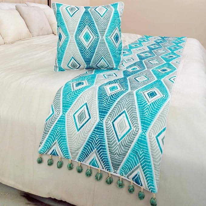 The HomeCentric King/Queen/Twin Blue, Ivory & Grey Decorative Queen 74"x18" Bed Runner with Pillow Cover, Quilted & Printed Bed Scarf on Cotton Fabric - Tallulah