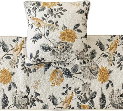 The HomeCentric King/Queen/Twin Blue & Ivory Decorative Full 68"x18" Bed Runner with Pillow Cover, Bird, Pearl & Quilted Bed Scarf on Linen Fabric - Vintage Birdena