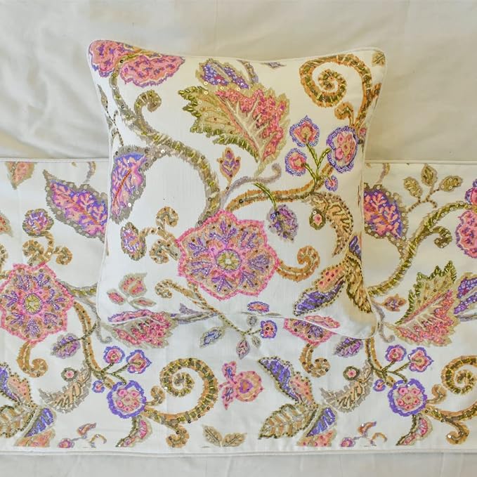 The HomeCentric King/Queen/Twin White & Pink Designer King 90"x18" Bed Runner Without Pillow Cover, Floral, Printed, Sequins, Beaded, Embroidery & Handmade Bed Scarf on Cotton Fabric - Aster
