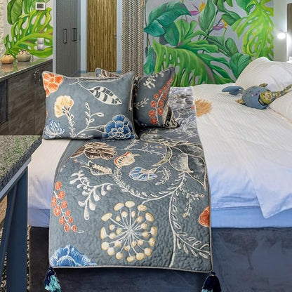 The HomeCentric Blue Bed Runner, CA King Size 86"x18" Decorative Bed Runner with Matching Pillow Cover, Blue Linen Bed Scarf in Quilted Peacock, Linen & Jute Embroidery - Peacock Willow