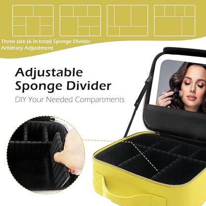 MOMIRA Travel Makeup Bag Cosmetic Bag Makeup Organizer Bag with Large Lighted Mirror 3 Color Scenarios Adjustable Brightness,Yellow