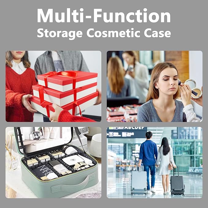 Travel Makeup Bag for Makeup Artists Large Makeup Case,with Mirror 3 Color Setting and Detachable 10x Magnifying Mirror Travel Makeup Bag,Portable Storage and Adjustable Dividers（black）