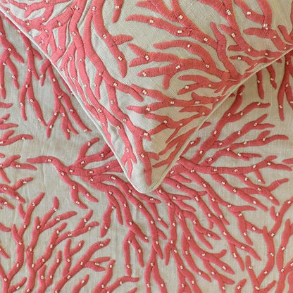 The HomeCentric King/Queen/Twin Coral, Peach & Pink Designer King 90"x18" Bed Runner with 2 Pillow Cover, Coral, Pearl Embroidery, Under The Sea & Beach Theme on Linen Fabric - Coraline Pearls