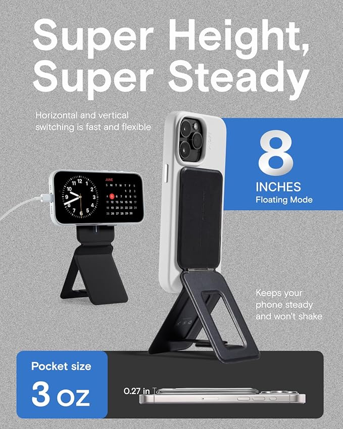 MOFT Phone Tripod Stand Selfie Stick for iPhone, Multi-Angles iPhone Stand, Lightweight & Portable Phone Holder, Strong Magnets, MOVAS Vegan Leather, Travel Essentials, Jet Black (Without Card Slot)