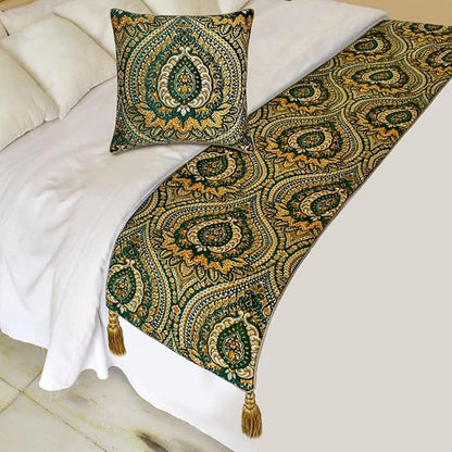 The HomeCentric King/Queen/Twin Green Designer King 90"x18" Bed Runner Without Pillow Cover, Damask, Tassels & Tapestry Bed Scarf on Jacquard Fabric - Damask Tapestry