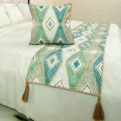 The HomeCentric King/Queen/Twin Green Designer King 90"x18" Bed Runner with 2 Pillow Cover, Aztec, Jute Embroidery, Quilted, Tassels, Jute, Moroccan & Tribal Bed Scarf on Cotton Fabric - Chantico