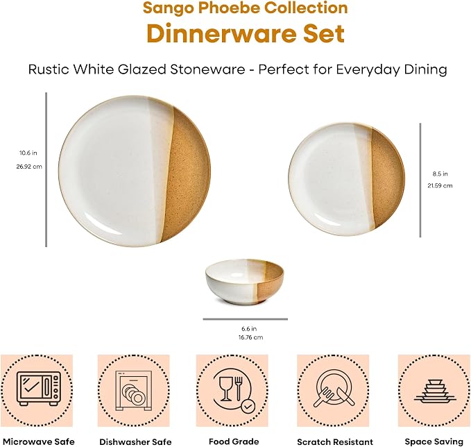 Sango 12 Pieces Stoneware Dinnerware Set, Glossy Caramel & Cream Dishes